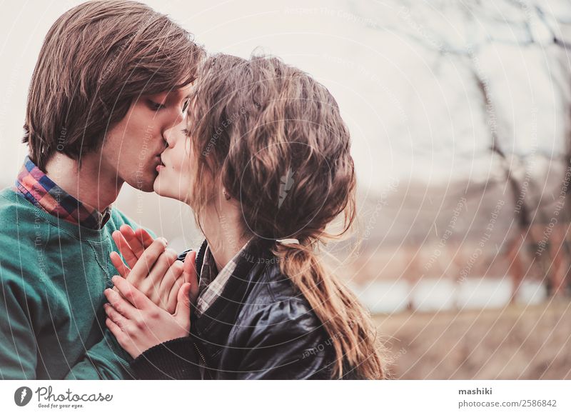 happy couple kissing outdoor Joy Beautiful Vacation & Travel Woman Adults Man Family & Relations Friendship Couple Tree Forest Kissing Smiling Laughter Love