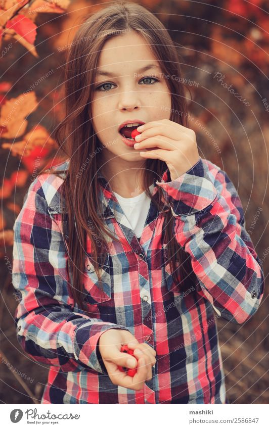 happy kid girl eating berries Joy Beautiful Relaxation Playing Vacation & Travel Summer Child Woman Adults Infancy Nature Autumn Forest Shirt Smiling Laughter