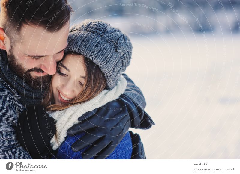 happy loving couple walking in snowy winter forest Lifestyle Joy Relaxation Leisure and hobbies Vacation & Travel Freedom Winter Snow Man Adults Couple Forest