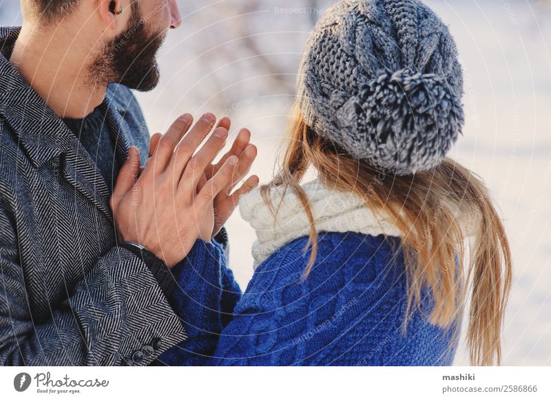 happy loving couple walking in snowy winter forest Lifestyle Joy Relaxation Leisure and hobbies Vacation & Travel Freedom Winter Snow Man Adults Couple Forest