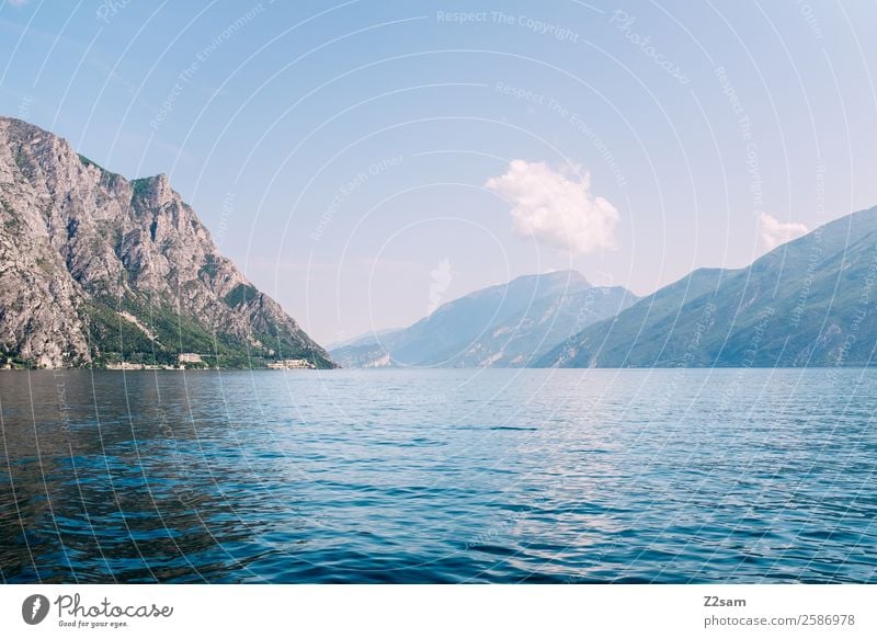 lago di garda Environment Nature Landscape Sky Clouds Summer Beautiful weather Mountain Lakeside Sustainability Natural Blue Serene Calm Idyll Far-off places