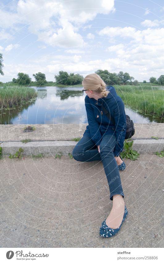 rest Young woman Youth (Young adults) 1 Human being 18 - 30 years Adults Nature Landscape Sky Clouds Summer Beautiful weather Park Coast River bank Bay Street