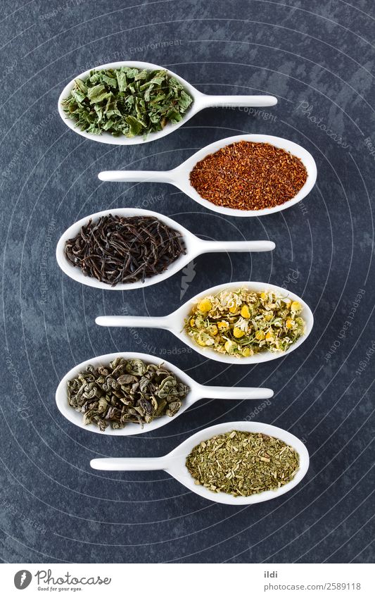 Variety of Dried Tea Leaves Beverage Natural food drink dry Tea plants rooibos Chamomile camomile mate yerba herbal Selection Red bush rooibosch infusion flavor