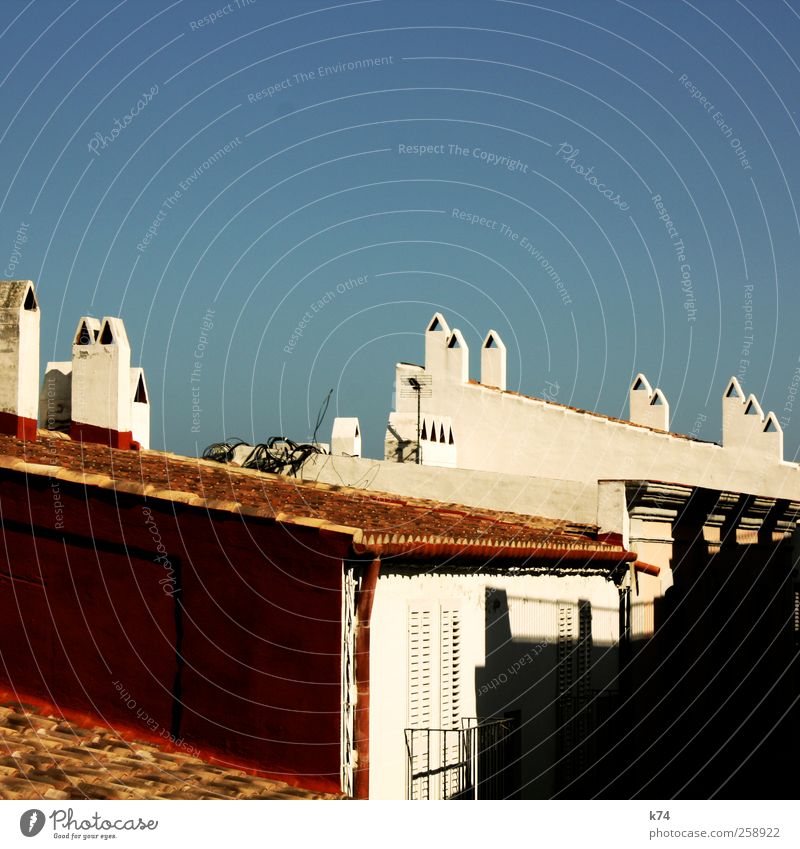 chimeneas Sky Cloudless sky Beautiful weather Village Old town Skyline House (Residential Structure) Roof Chimney Warmth Blue Red White Idyll Calm Colour photo