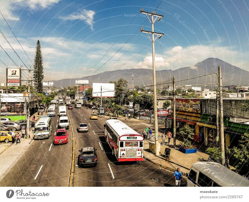 San Salvador, El Salvador Town Capital city Downtown Populated Bus Volcano Subdued colour Multicoloured Exterior shot Day Deep depth of field Bird's-eye view