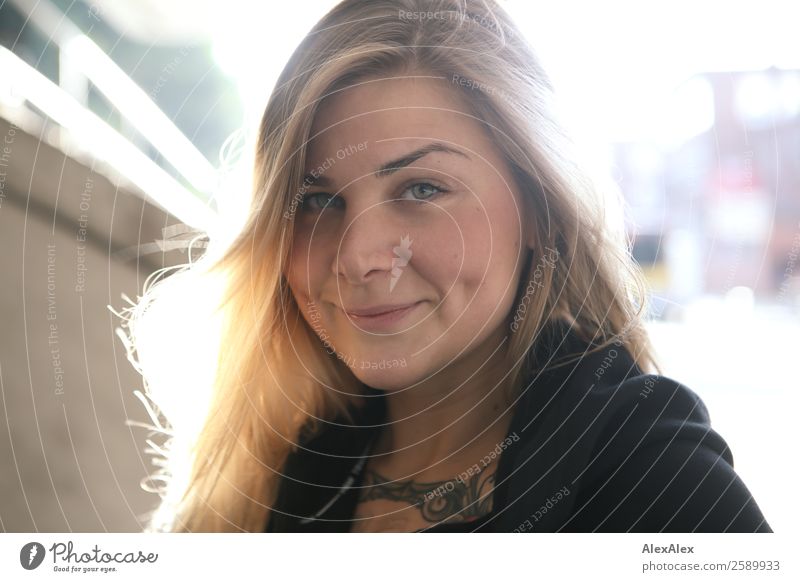 Backlit portrait of a smiling woman Joy Beautiful Face dimples on the cheek brood Life Well-being Young woman Youth (Young adults) 18 - 30 years Adults Summer