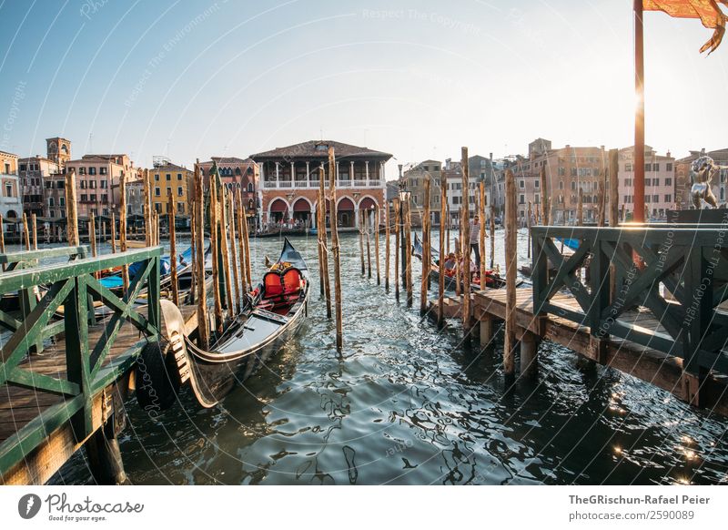 Venice Small Town Port City Tourist Attraction Blue Brown Yellow Green Gondola (Boat) Flag Water Footbridge Italy Vacation & Travel To enjoy To go for a walk