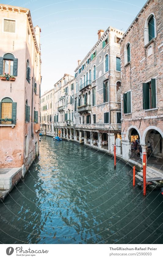 Venice Town Port City Tourist Attraction Landmark Esthetic Blue Yellow Gray Red Alley Channel Footbridge Italy Travel photography House (Residential Structure)