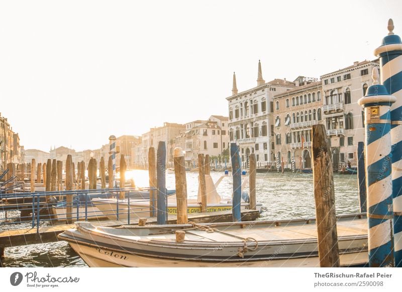 Canal Grande - Venice Small Town Port City Tourist Attraction Blue Brown Yellow Gold Italy Travel photography Wooden stake Watercraft Footbridge