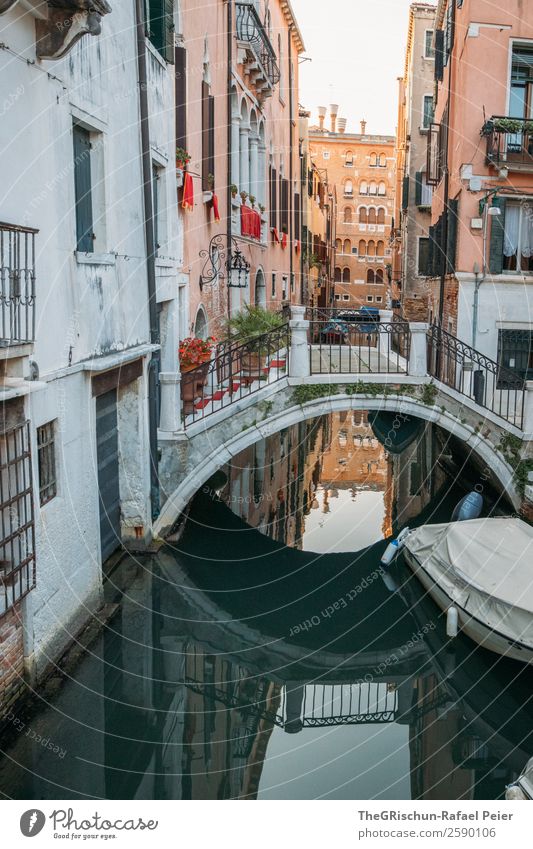 Bridge - Reflection Small Town Port City Tourist Attraction Yellow Gold Gray Green Red Black White Venice Italy Watercraft Navigation Building Moody Sunlight