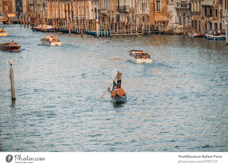 Venice Port City Downtown Blue Brown Yellow Gold White Gondolier Water Watercraft Tourism Navigation Italy Oar Rowboat Canal Grande Exterior shot Detail