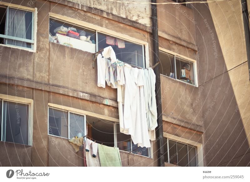 tumble dryers Living or residing Flat (apartment) Environment Summer Beautiful weather Facade Window Clothing Old Authentic Whimsical Decline Past Laundry