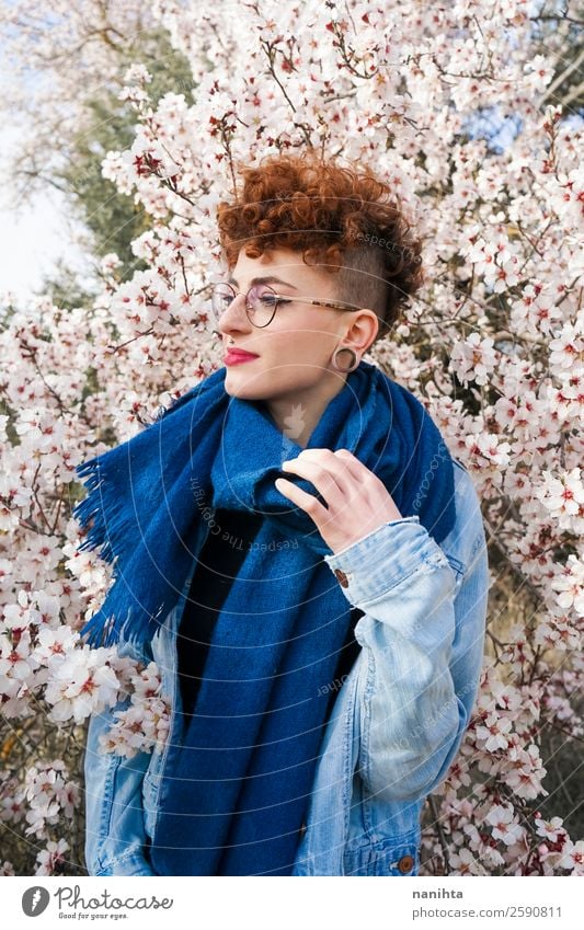 Young redhead woman surrounded by flowers Lifestyle Style Joy Happy Beautiful Hair and hairstyles Freedom Human being Feminine Young woman Youth (Young adults)