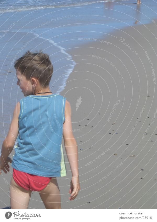 boy in red pants Child Beach Ocean Shorts Underpants Red T-shirt Human being Boy (child) Water North Sea Denmark Henne beach Blue Sand Rear view