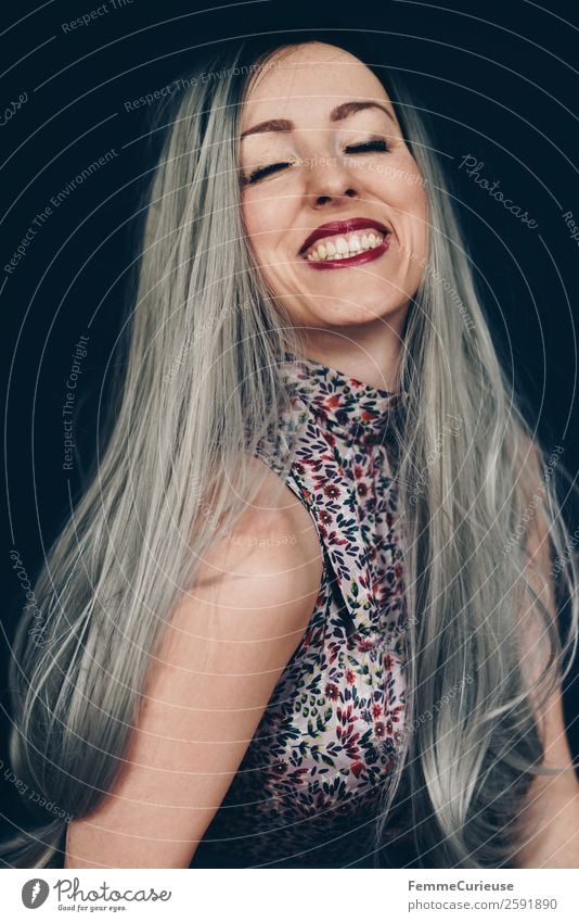 Smiling woman with long grey dyed hair Feminine Woman Adults 1 Human being 18 - 30 years Youth (Young adults) 30 - 45 years Beautiful Gray Colour