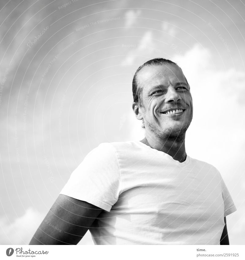 good mood man in shirt Masculine Man Adults 1 Human being Sky Clouds Beautiful weather T-shirt Short-haired Designer stubble Smiling Laughter Looking Stand