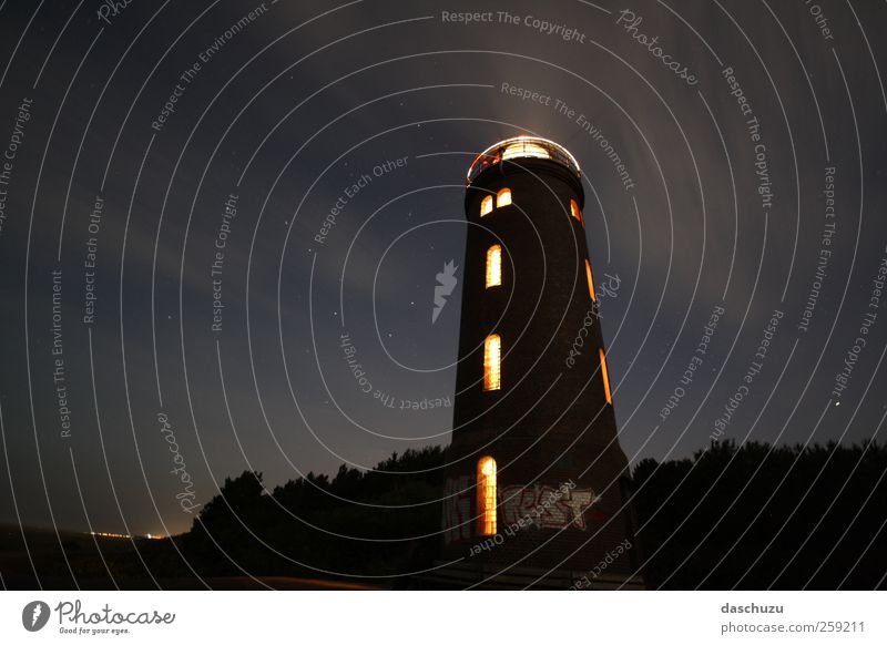 Lighthouse St. Peter-Ording Germany Europe Deserted Tower Dike Graffiti Starry sky Colour photo Exterior shot Night