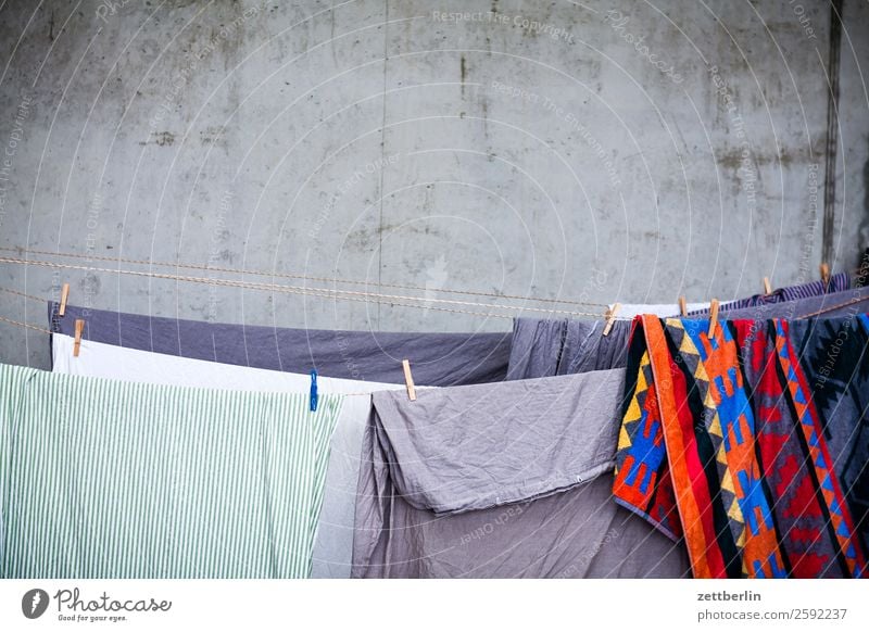 Laundry on the line Clothing Bedclothes Laundered big laundry Rope Deserted Copy Space Textiles Tradition Dry Clothesline Clean Household Pure Holder