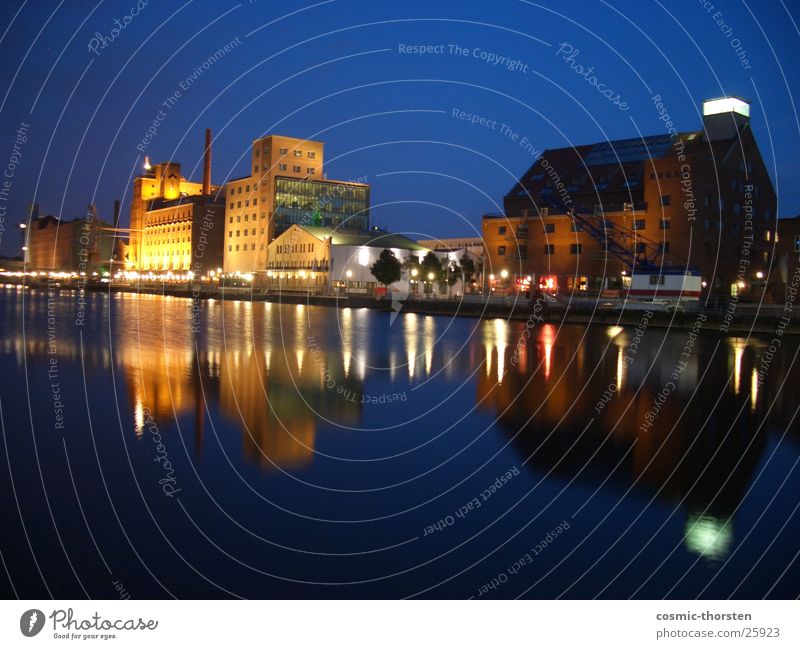 Promenade at night Duisburg Harbour Night Building Architecture long character exposure River