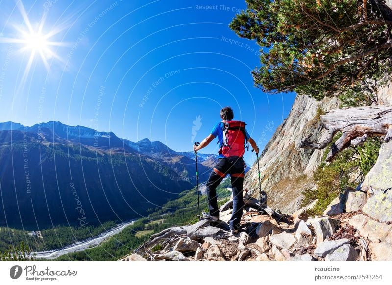 Hiker takes a rest observing a mountain panorama. Mont Blanc Vacation & Travel Adventure Expedition Summer Sun Mountain Hiking Sports Man Adults Nature