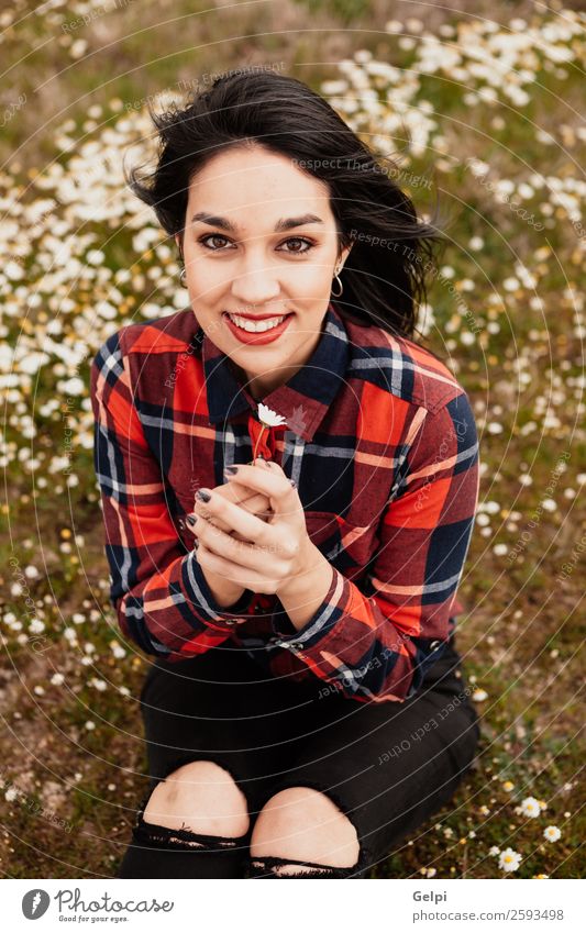 Pretty brunette girl Lifestyle Joy Happy Beautiful Face Wellness Relaxation Human being Woman Adults Nature Sky Flower Grass Blossom Park Meadow Smiling