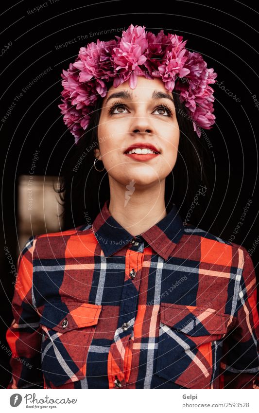 Brunette girl Style Happy Beautiful Face Human being Woman Adults Nature Flower Blossom Fashion Think Smiling Happiness Fresh Natural Pink Red Black White Idea