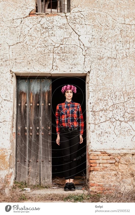 Brunette girl Style Happy Beautiful Face House (Residential Structure) Human being Woman Adults Nature Flower Blossom Fashion Wood Old Smiling Happiness Fresh