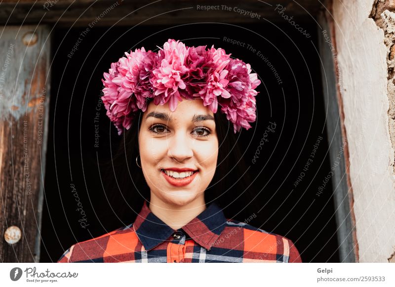 Pretty brunette girl Style Happy Beautiful Face Human being Woman Adults Nature Flower Blossom Fashion Brunette Smiling Happiness Fresh Natural Pink Red Black