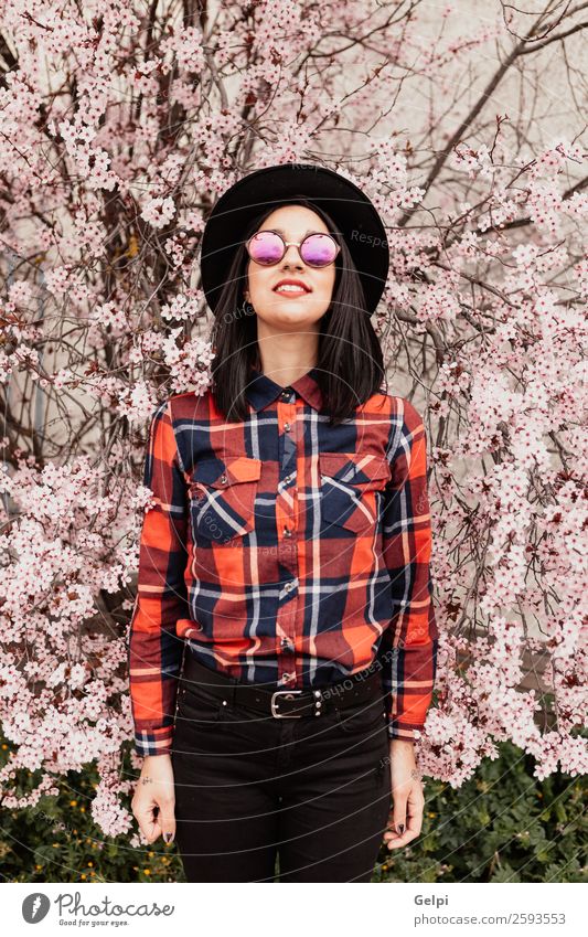 Brunette girl Style Happy Beautiful Face Garden Human being Woman Adults Nature Tree Flower Blossom Park Fashion Sunglasses Hat Smiling Happiness Fresh Long