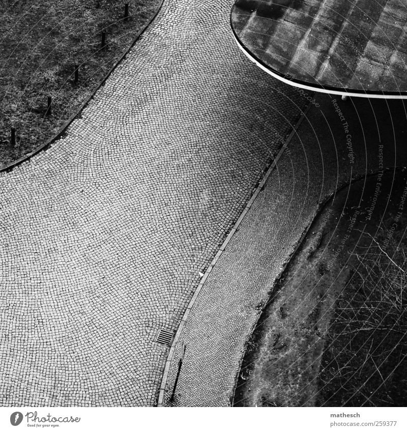 light and shadow sides Deserted Places Architecture Roof Street Cold Black White Curbside Road sign Tree Grass surface Gully Cobblestones Black & white photo