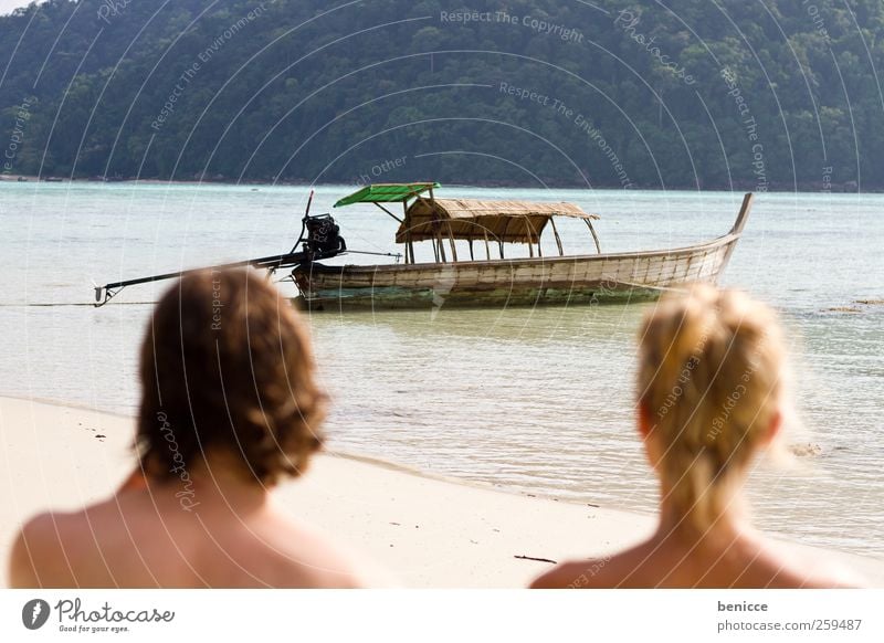 longtail Couple Human being Beach Asia Thailand slow-tailed boat Watercraft Sun Sunbeam Man Woman Lovers Vacation & Travel Travel photography Island Ocean