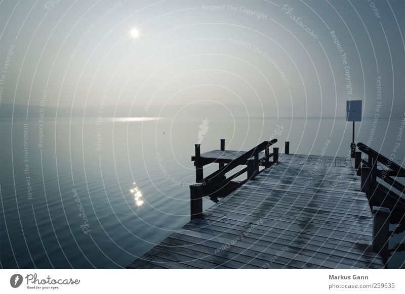 Frosty footbridge Calm Far-off places Winter Nature Weather Fog Lakeside Gray Jetty Footbridge Unclear Dreary Wood Sun Subdued colour Exterior shot Deserted