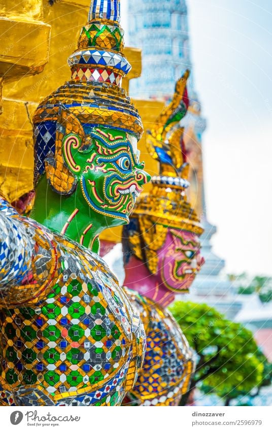 Colorful statue at Wat Phra Kaew temple, Bangkok Vacation & Travel Decoration Art Culture Palace Places Building Architecture Blue Gold Religion and faith