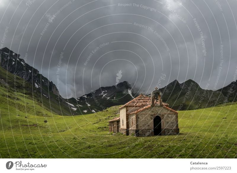 Chapel on the mountain pasture Nature Landscape Sky Storm clouds Horizon Spring Climate Bad weather Snow Grass Rock Mountain Snowcapped peak Alpine pasture