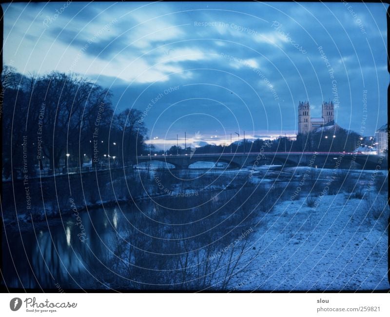 isar@night III Winter River Isar Munich Church Bridge Blue Analog Long exposure Sky Colour photo Exterior shot Night Central perspective