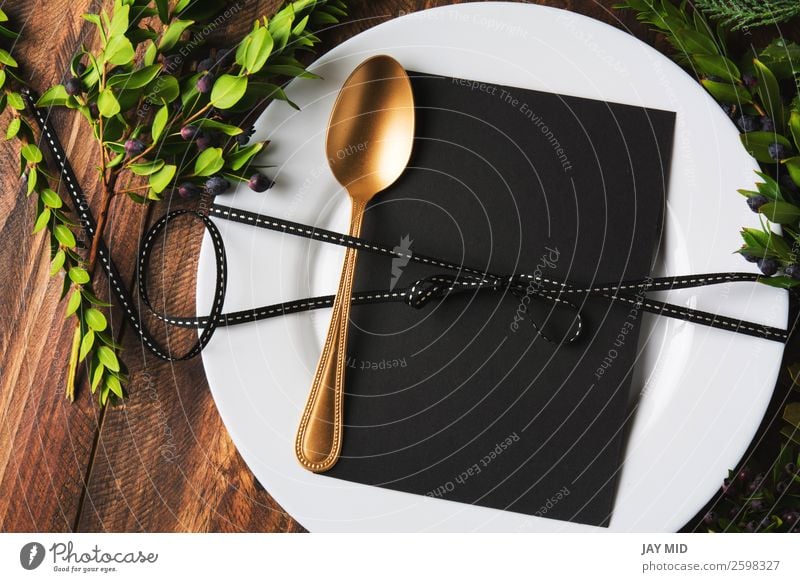 menu place setting with empty card and golden spoon Dinner Plate Cutlery Spoon Style Design Winter Decoration Table Restaurant Mother's Day Easter Thanksgiving