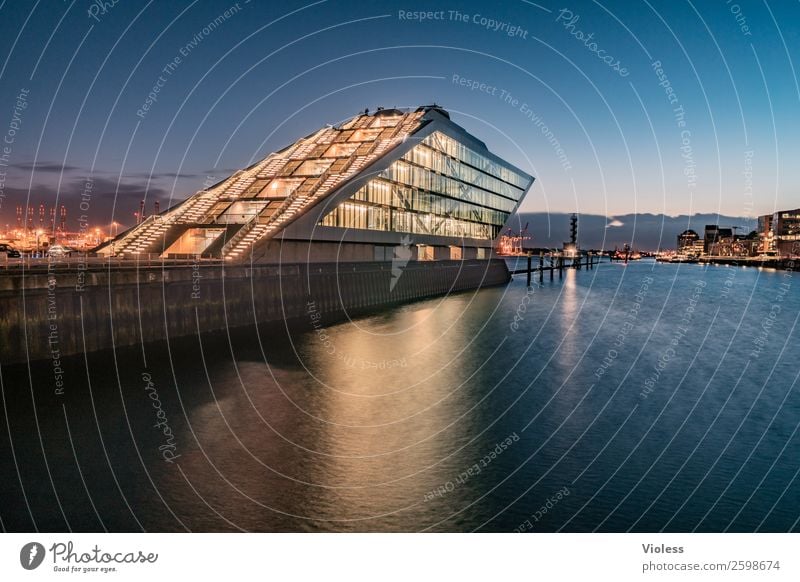 Dockland VI Port City Harbour Manmade structures Building Architecture Stairs Terrace Tourist Attraction Landmark Esthetic Exceptional Dark Whimsical Night