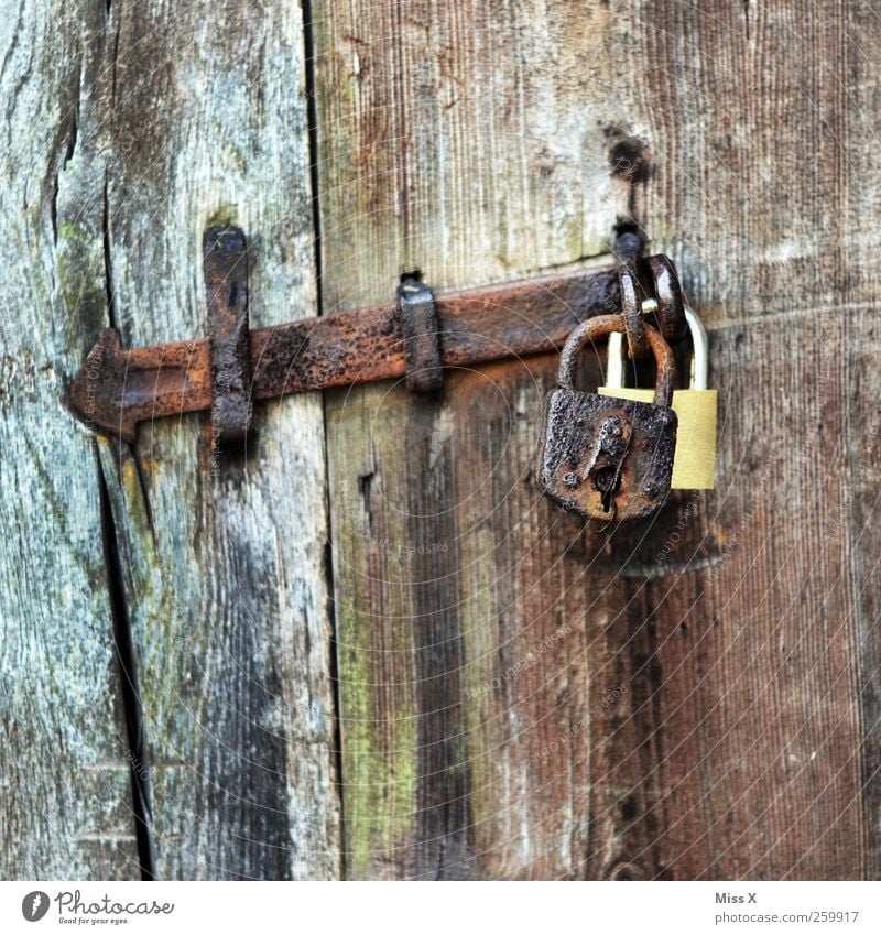 Old & New /or/ Double holds better Door Wood Brown Decline Lock Wooden door Rust Closed Safety Iron In pairs Colour photo Subdued colour Close-up