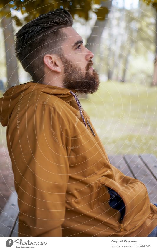 Man looking at autumn landscape. Lifestyle Wellness Well-being Calm Trip Young man Youth (Young adults) Head 1 Human being 18 - 30 years Adults Nature Autumn