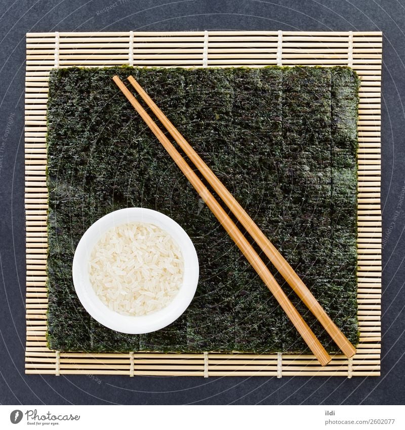 Sushi Ingredients Healthy food prepare preparing cooking nori Seaweed dry Dried makisu Mat bamboo mat Japanese Rice sushi rice sheet nori sheet Asian grain