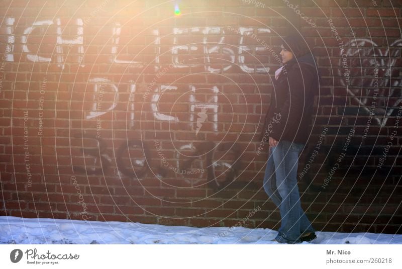 without words ! Woman Adults Snow Building Wall (barrier) Wall (building) Jeans Jacket Emotions Happy Sympathy Friendship Love Infatuation Graffiti Lean Dream