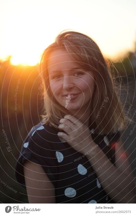 Sunset Mrs. Schön T-shirt Brunette Blonde Short-haired Smiling Beautiful Warmth Feminine Orange Summer evening Point Blouse Hair and hairstyles Colour photo