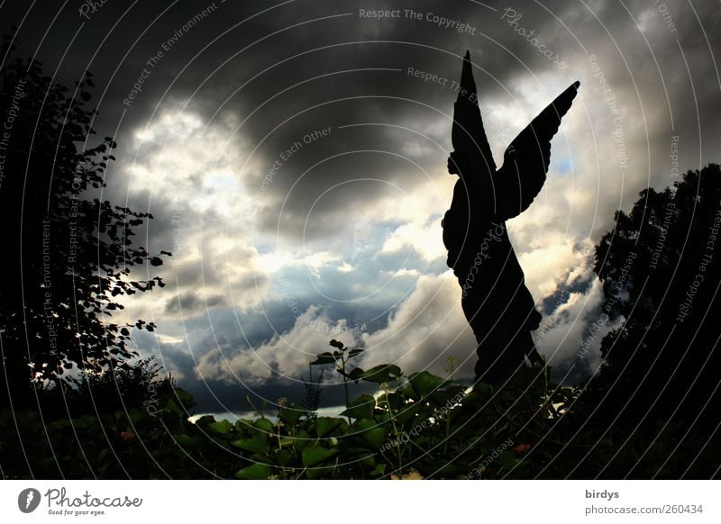 Statue of an angel with wings spread out in front of a dramatic cloud scenery. Thunderclouds Angel Mystic Storm clouds Death Religion and faith angels of death