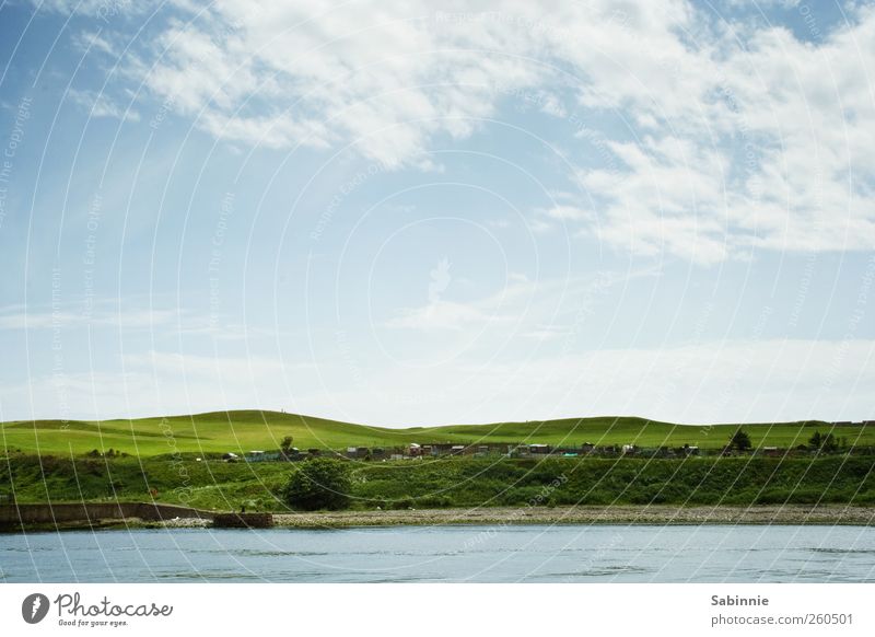 Green land Nature Landscape Sky Clouds Horizon Spring Climate Beautiful weather Grass Meadow Golf course Hill Waves Coast Bay Ocean Esthetic Free Infinity Blue