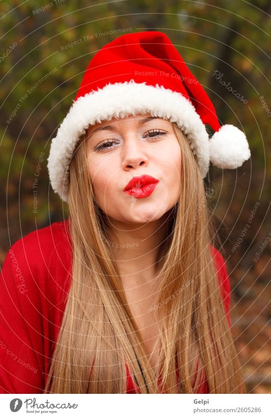 pretty girl Lifestyle Joy Happy Beautiful Face Calm Winter Christmas & Advent Human being Woman Adults Lips Nature Fog Park Forest Fashion Hat Blonde Kissing