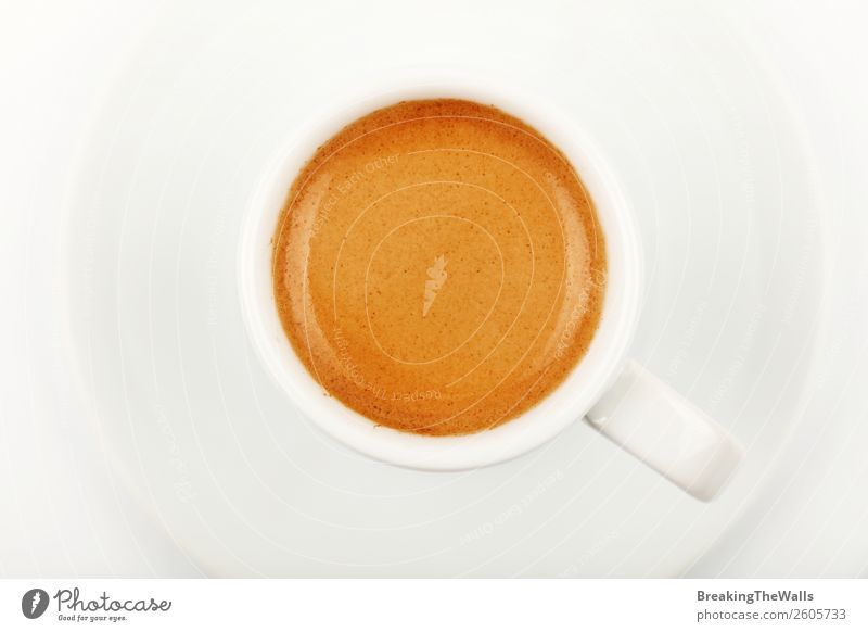 Close up espresso cup over white directly above Breakfast To have a coffee Beverage Drinking Hot drink Coffee Espresso Mug Brown White crema froth Foam