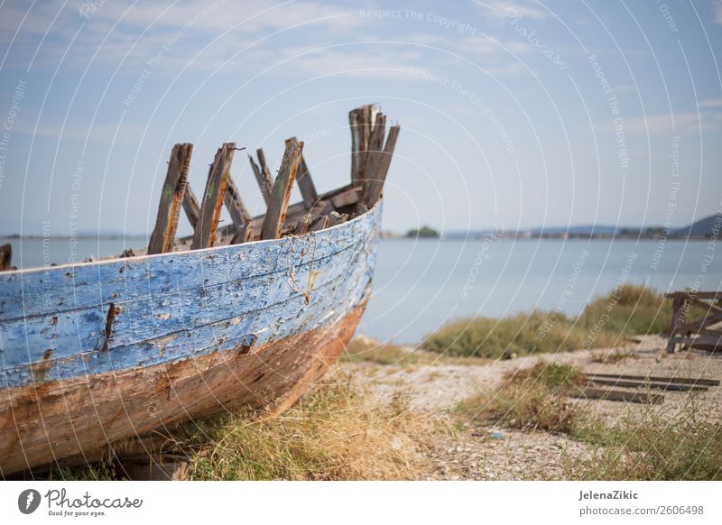 Detail of an old abandoned fishing boat Vacation & Travel Summer Sun Ocean Nature Landscape Sky Clouds Coast Transport Fishing boat Rowboat Watercraft Wood Rust