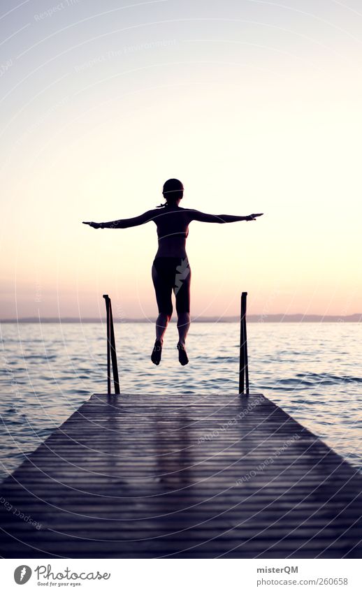 Lightness. Art Esthetic Contentment Human being Woman Footbridge Jetty Skyward Hope Horizon Far-off places Jump Beginning Departure Flying Summer