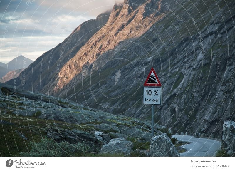 Low gear Vacation & Travel Far-off places Logistics Landscape Rock Mountain Peak Transport Motoring Street Road sign Sign Characters Digits and numbers Signage