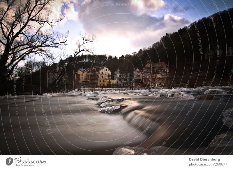 icy times Landscape Plant Water Sky Clouds Winter Ice Frost Tree Forest River bank Waterfall Marburg Lahn Flow Colour photo Exterior shot Deserted Day Evening